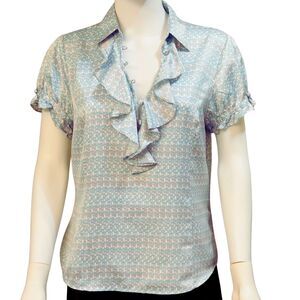 Worthington 10 Blue/Gray Collard V Neck Ruffle Geometric Blouse